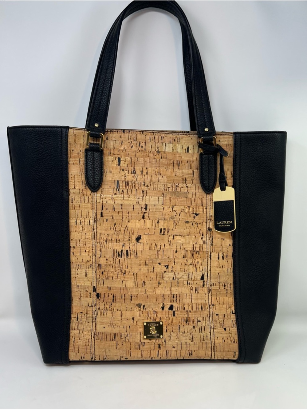 Lauren Ralph Lauren Leather And Cork Tote Bag Purse Large Goldtone Hardware